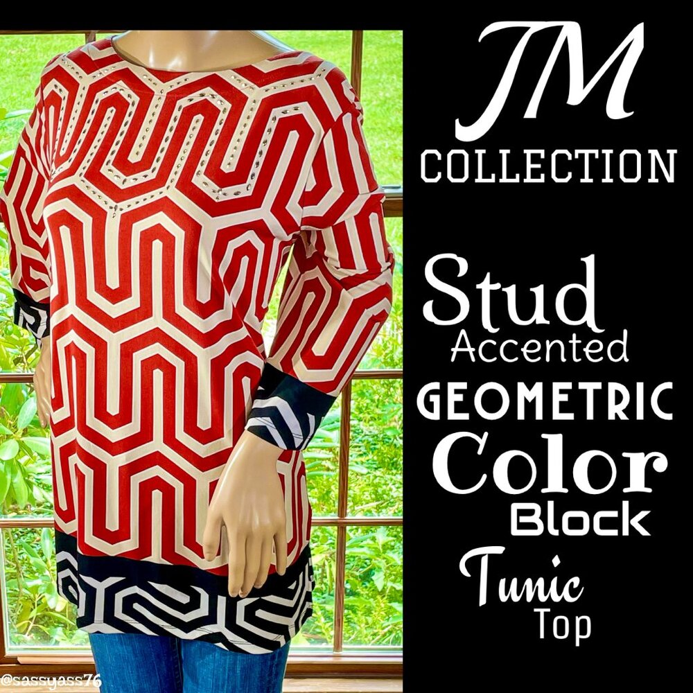 ▪️JM COLLECTION▪️Stud Accented Geometric Color Block Tunic Boatneck Top